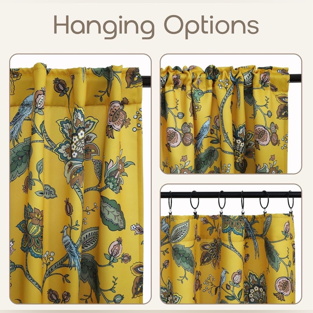 Botanical Print Yellow Window Curtains - Floral Drapes - Picture 4 of 7